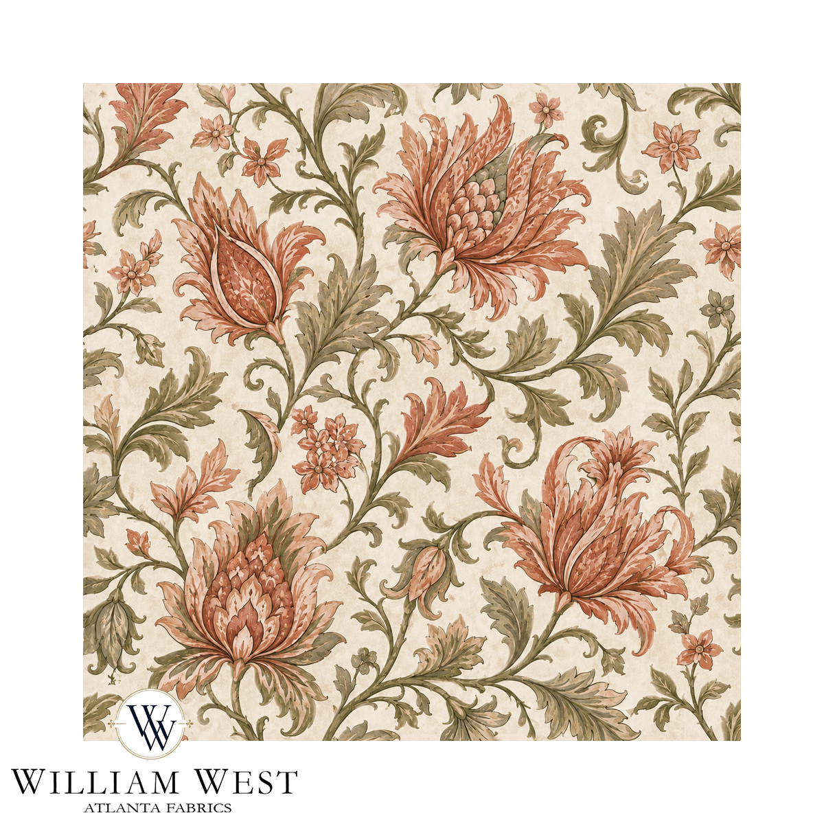 Botanical Scrollwork Coral Wallpaper