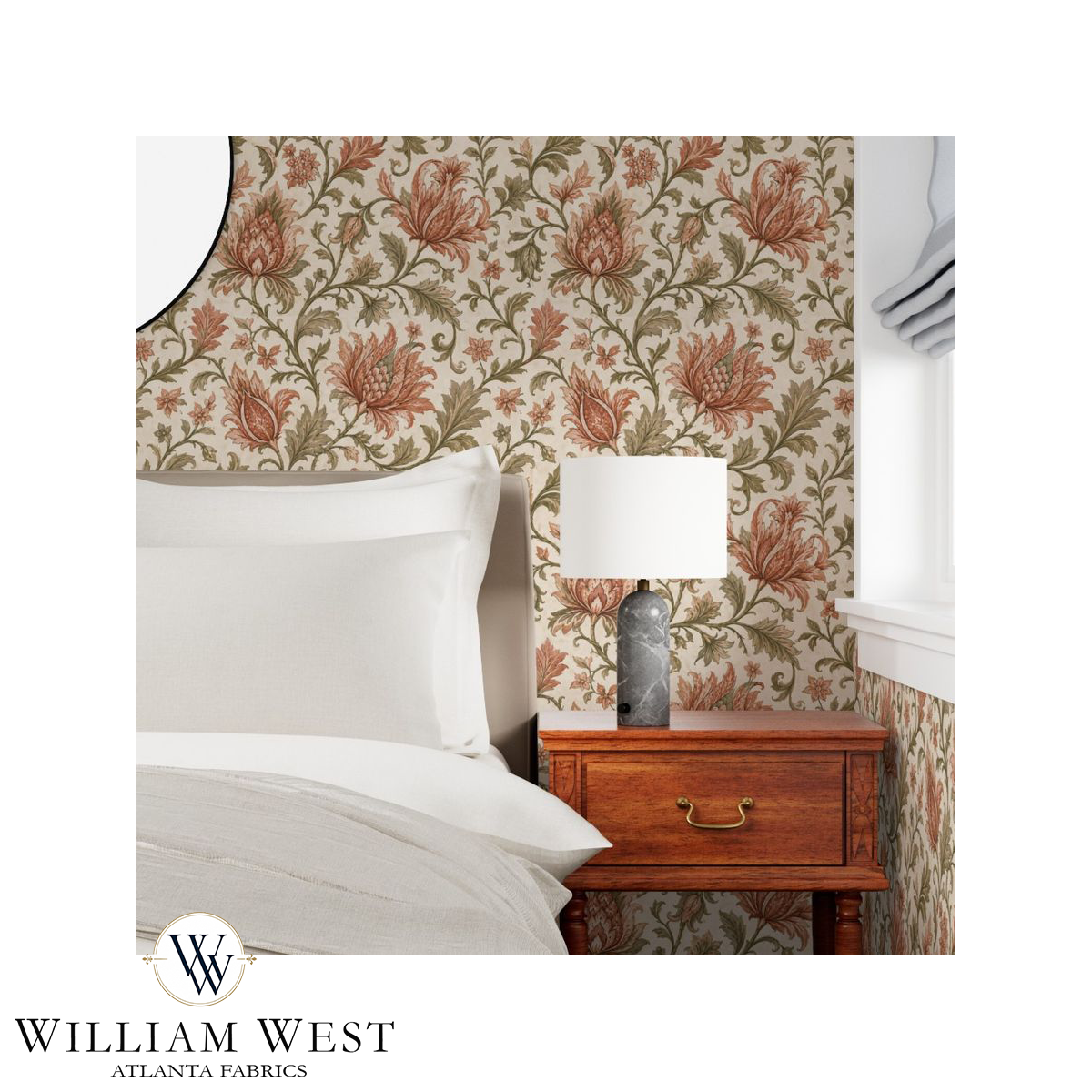 Botanical Scrollwork Coral Wallpaper