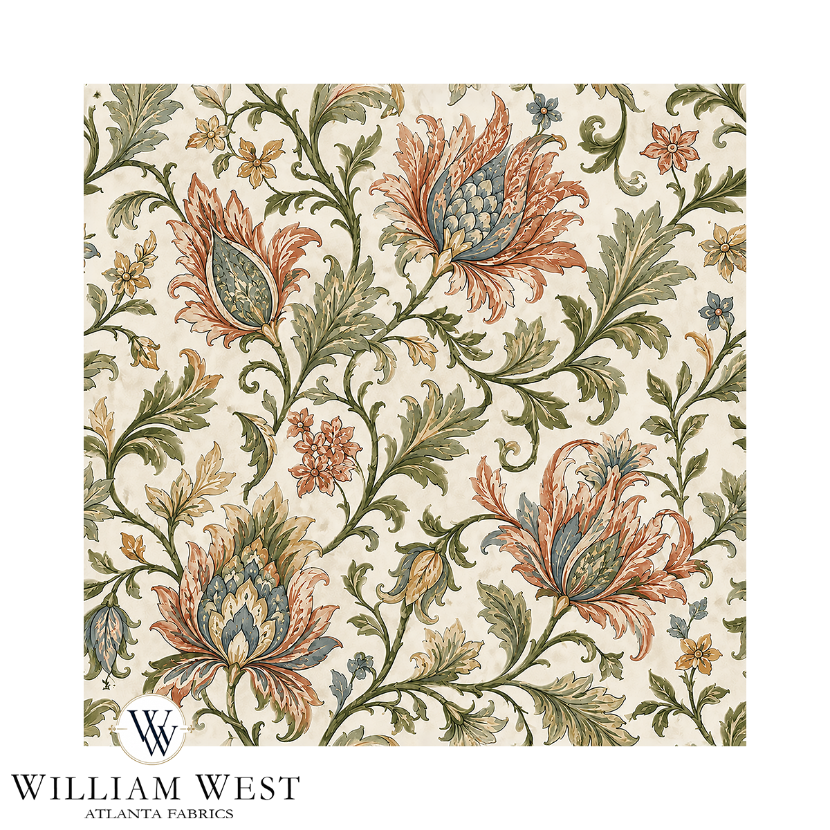 Atlanta Fabrics Botanical Scrollwork Sage Fabric | Atlanta Fabrics