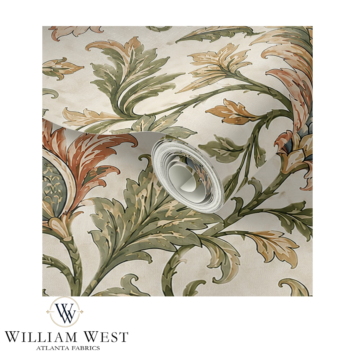 Atlanta Fabrics Botanical Scrollwork Sage Wallpaper Wallpaper | Atlanta Fabrics
