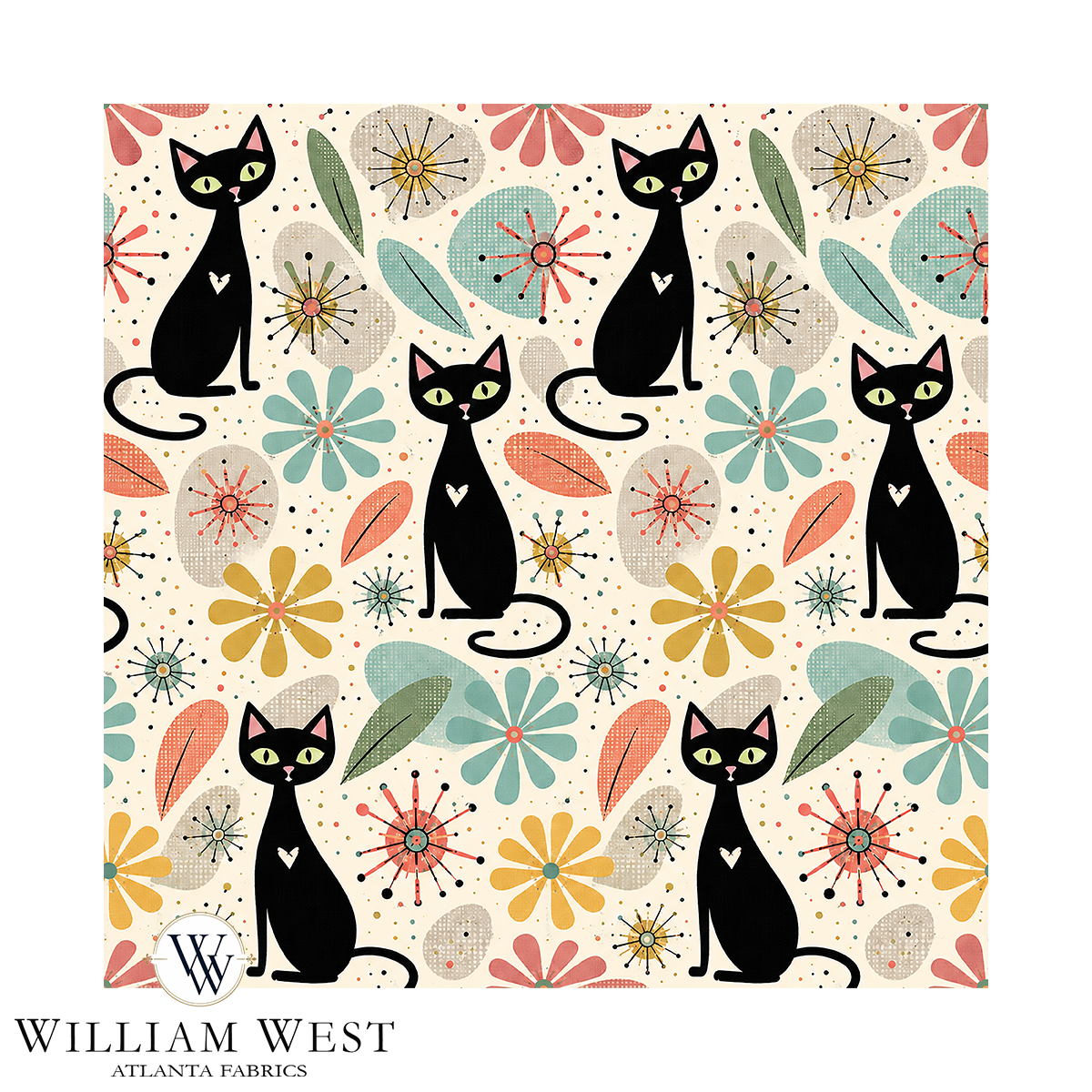 Atlanta Fabrics Midcentury Meow Coral Fabric | Atlanta Fabrics