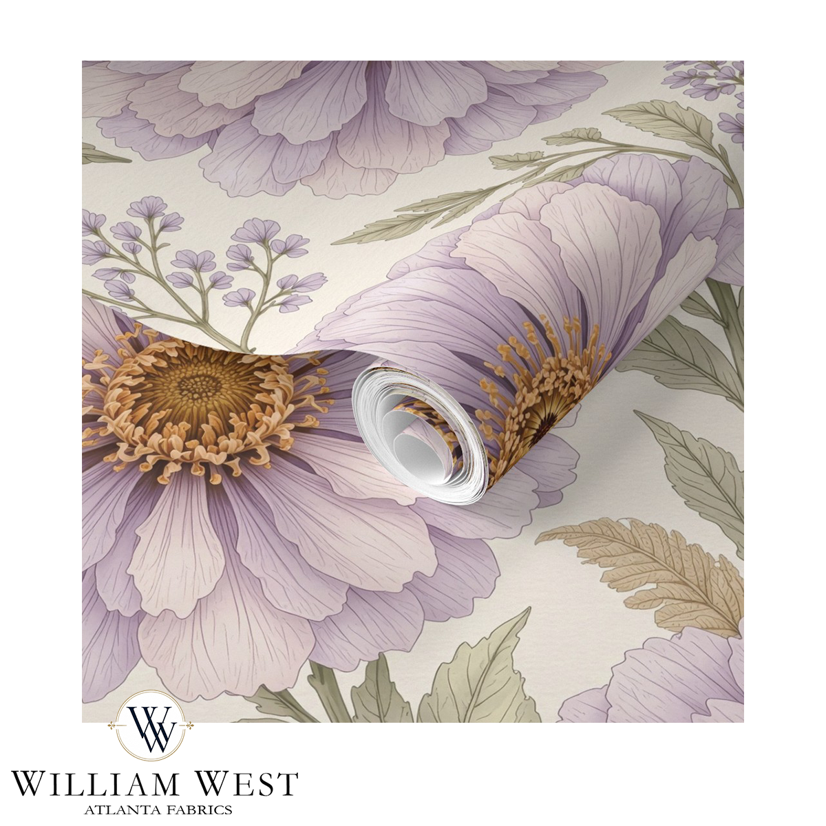 Atlanta Fabrics Painted Zennia Lilac Wallpaper Wallpaper | Atlanta Fabrics