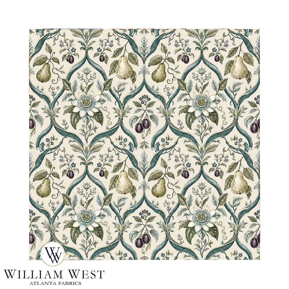 Atlanta Fabrics Passion Pears and Plums Teal Fabric | Atlanta Fabrics