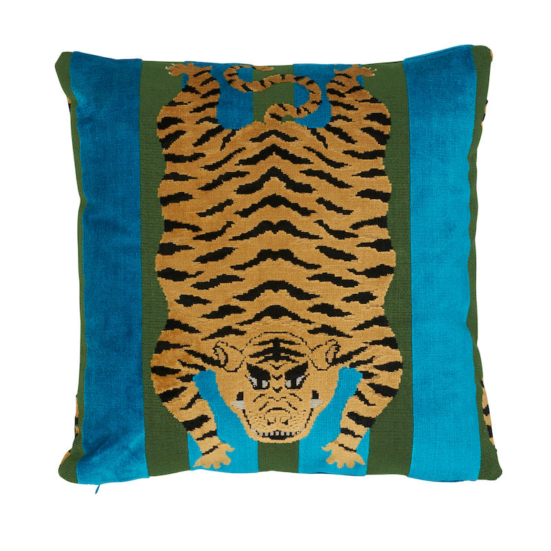 Jokhang Tiger Velvet Pillow Peacock & Olive